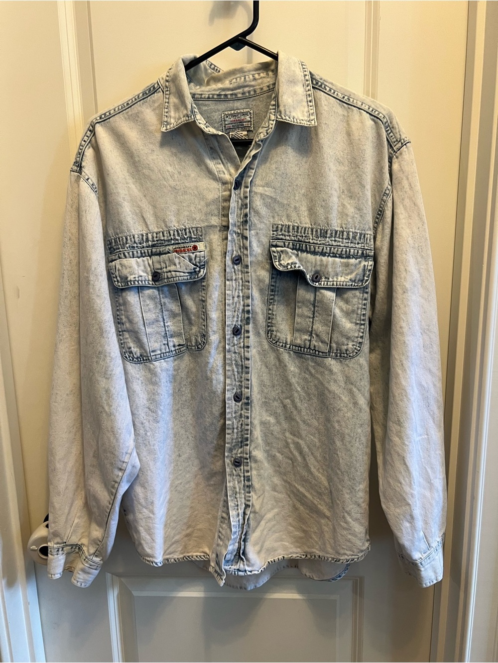 Jordache Mens Acid Wash faded denim vintage button up shirt Large